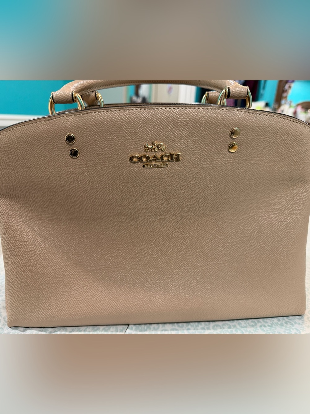 Coach Lillie Carryall Crossgrain Leather Satchel Handbag Taupe 91493 -Top Handle
